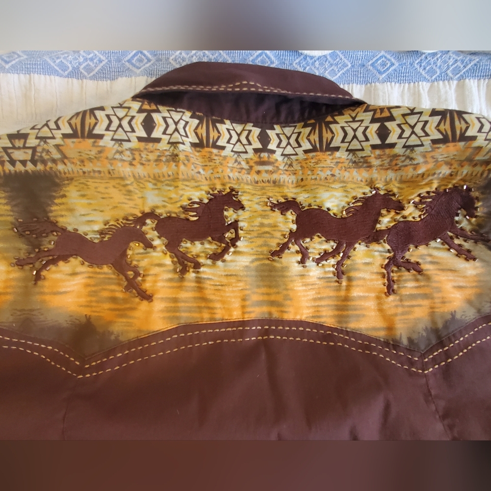 Vintage Brown Reba Beaded Western Rodeo Horses Button Down Long Sleeve Shirt Med - Picture 8 of 12
